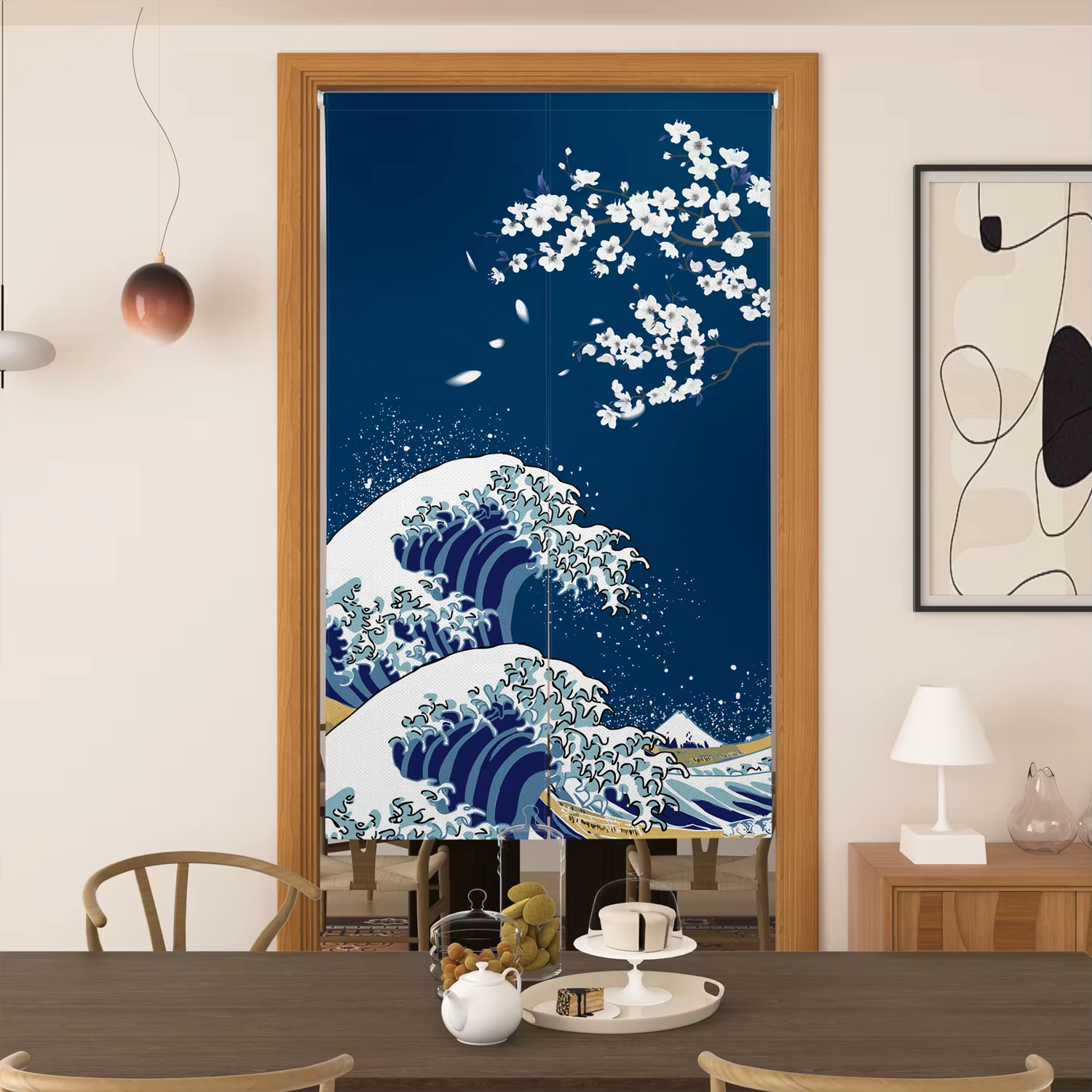 Rideau de porte de style japonais, motif vague de fleurs de cerisier du mont Fuji, demi-rideau pour salle à manger, cuisine, maison de thé, décoration intérieure