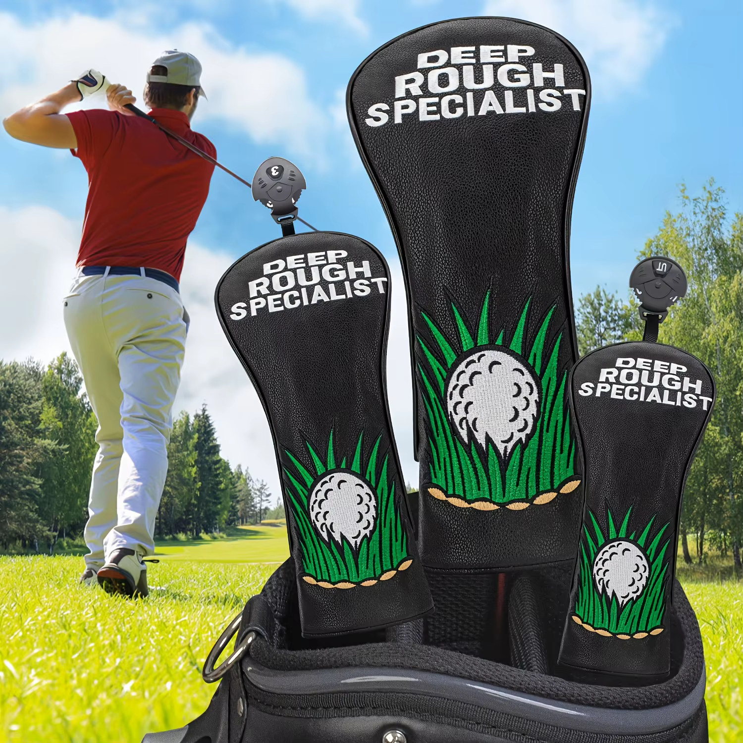 Housses de tête de club de golf conçues en forme de balle de golf, disponibles en unité ou en lot de trois pour drivers, fairways et hybrides.