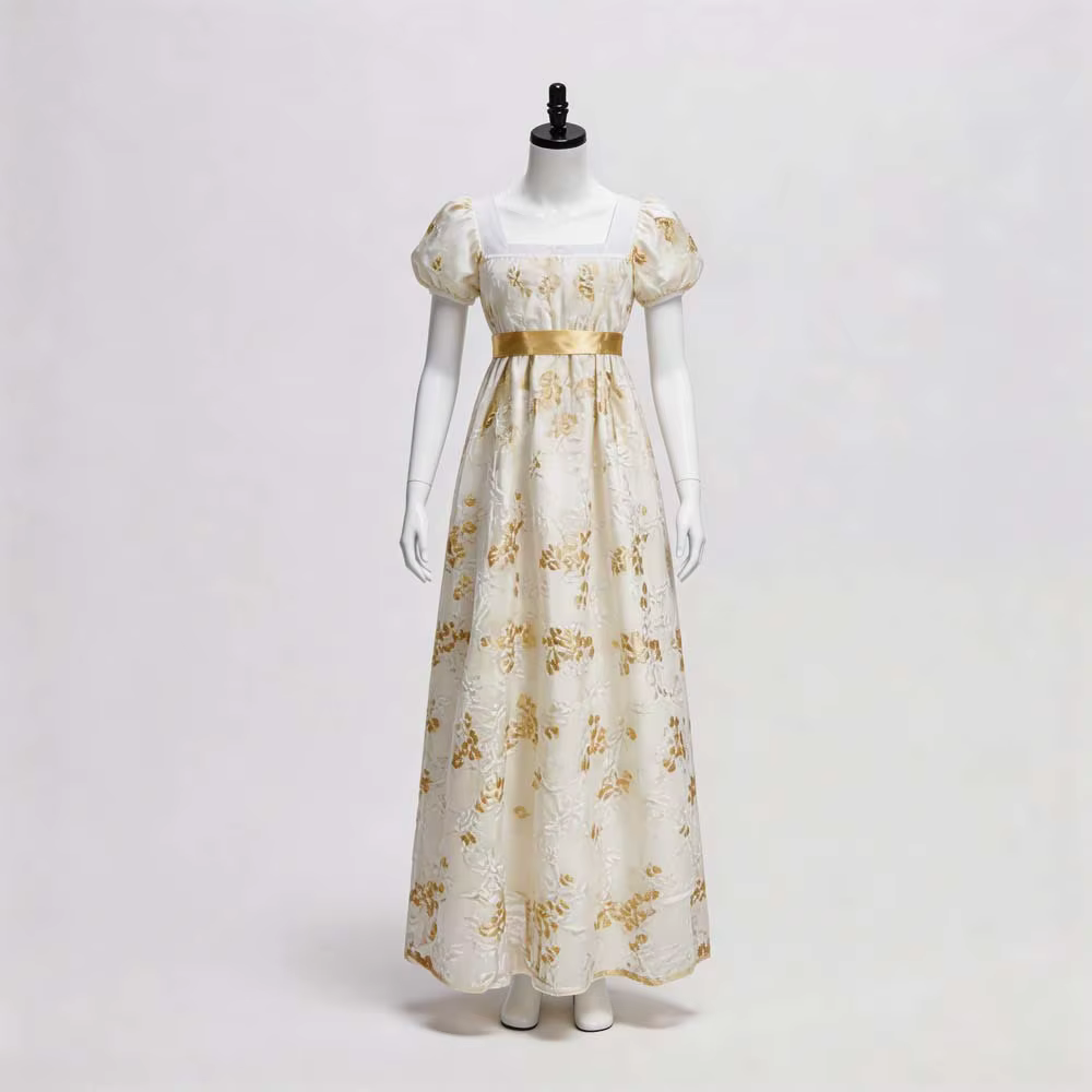 Robe impériale vintage de style européen avec encolure carrée, manches bouffantes, robe longue de cosplay, robe de thé de style régence
