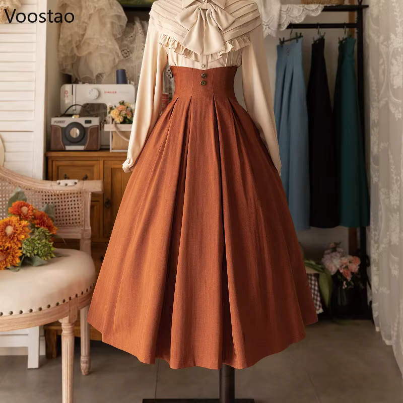 Jupe mi-longue Vintage victorienne Lolita pour femmes, élégante, douce, boutons Y2k, Slim, ligne a, jupes longues, jupe de fête classique japonaise