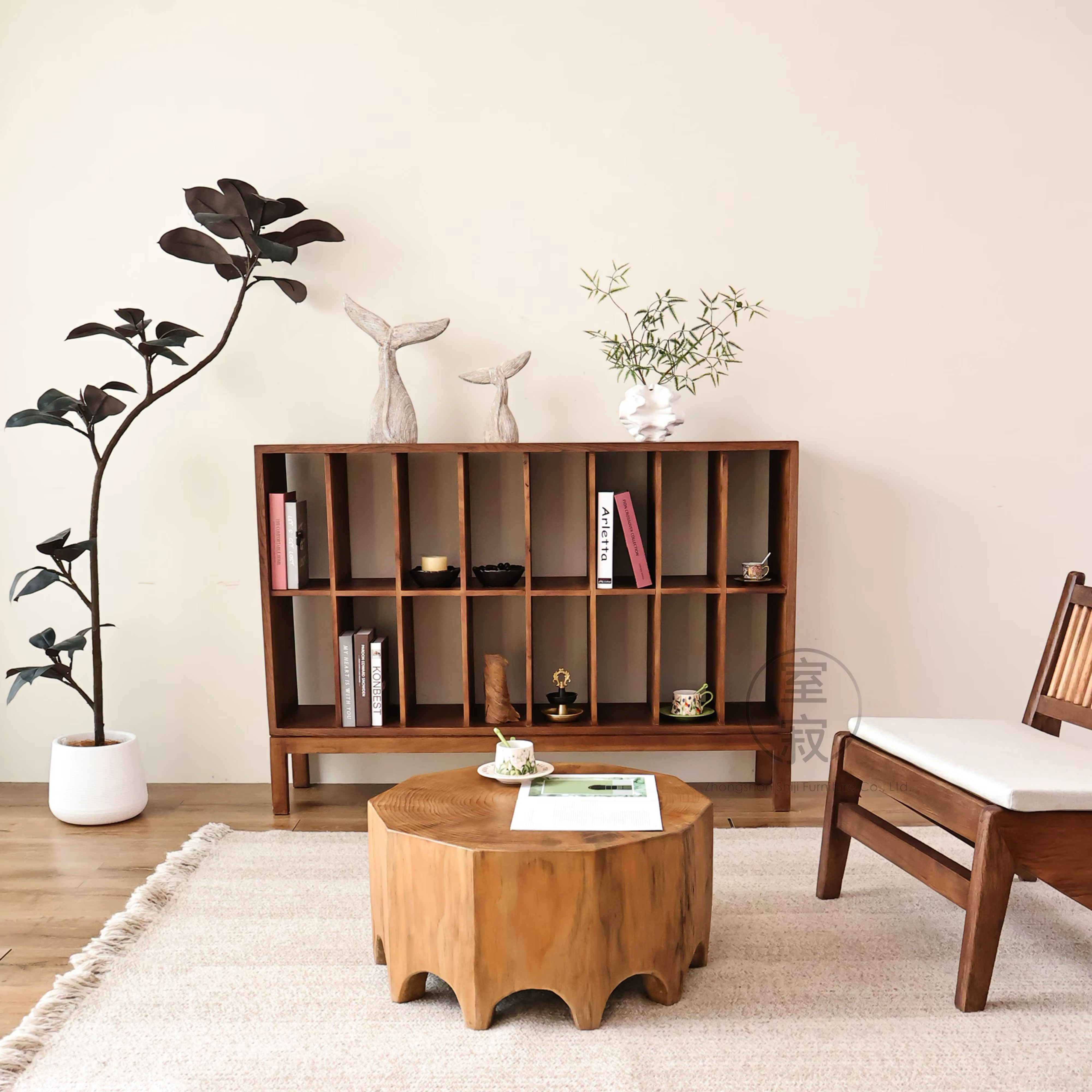 Bibliothèque en bois massif, armoire de rangement Wabi Sabi avec design en grille, meuble d'entrée minimaliste, mobilier de bureau zen, étagère