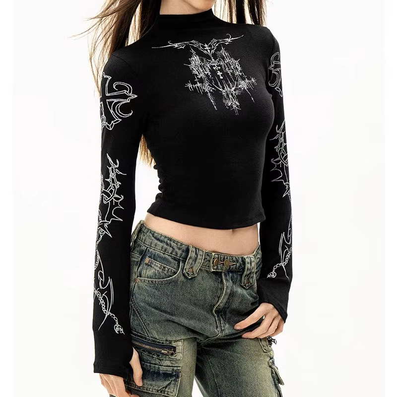 Grunge femmes T-Shirt Y2k esthétique col mi-haut t-shirts imprimé graphique à manches longues hauts transparents Punk Alternative culture hauts EMO