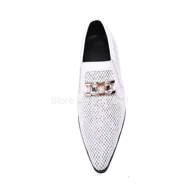 Chaussures de mariage pour hommes à bout pointu blanches avec anneaux en cristal