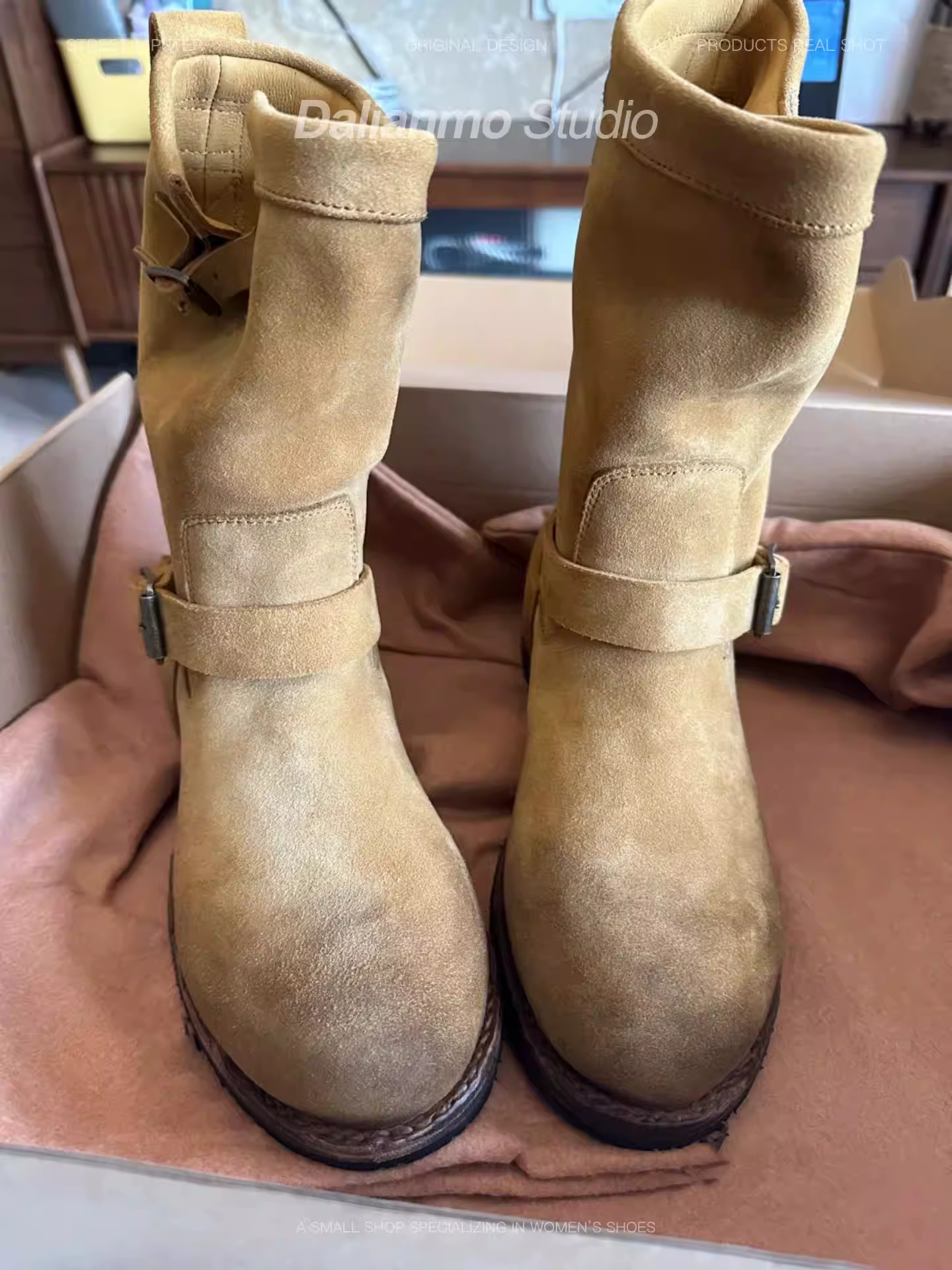 Bottes de travail en daim kaki vintage faites à la main pour hommes et femmes