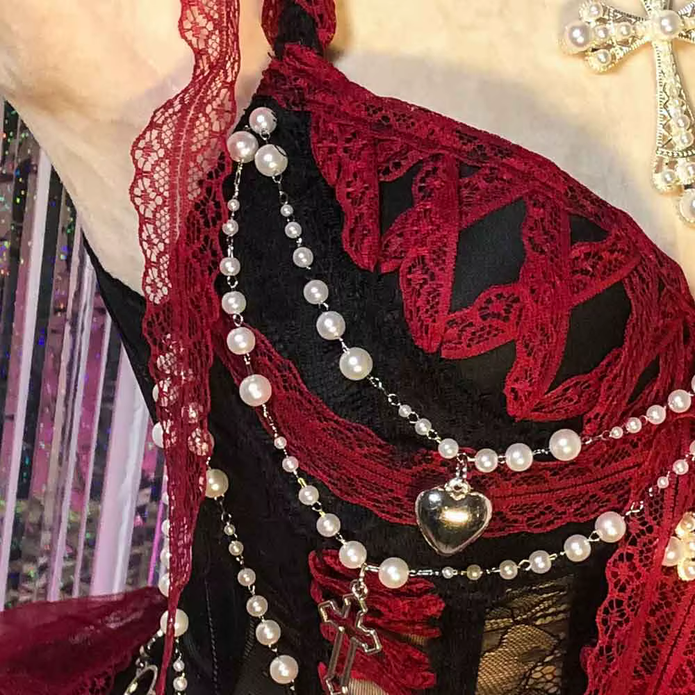 Robe Gothique Rouge pour Femme Y2K Rave Cyber Punk Rock Star Goth Croix Dentelle Scène Emo ALT Grunge E-Girls Lolita Robe de Bal Vêtement