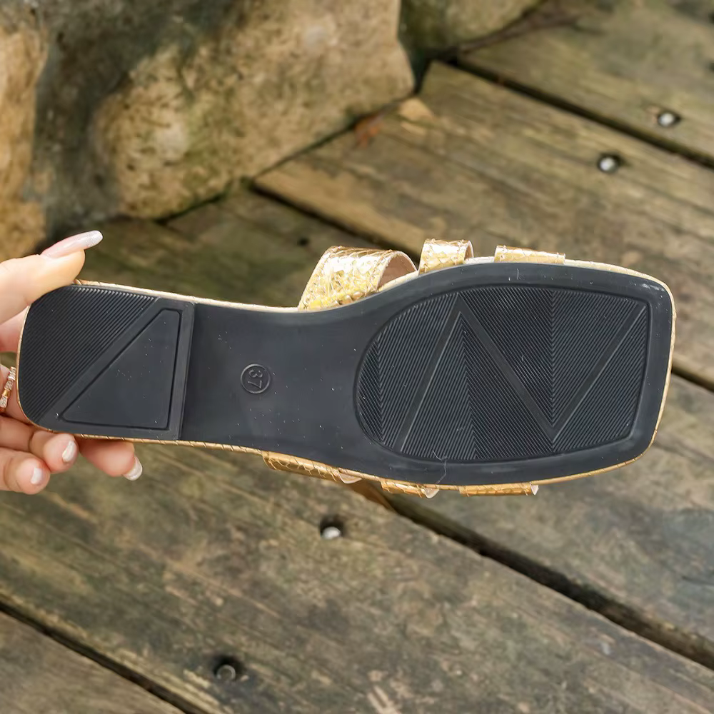 Chaussures plates à talons ouverts dorés pour femmes, sandales en cuir, pantoufles de salle de bain, chaussures de plage, sandales confortables à enfiler pour femmes