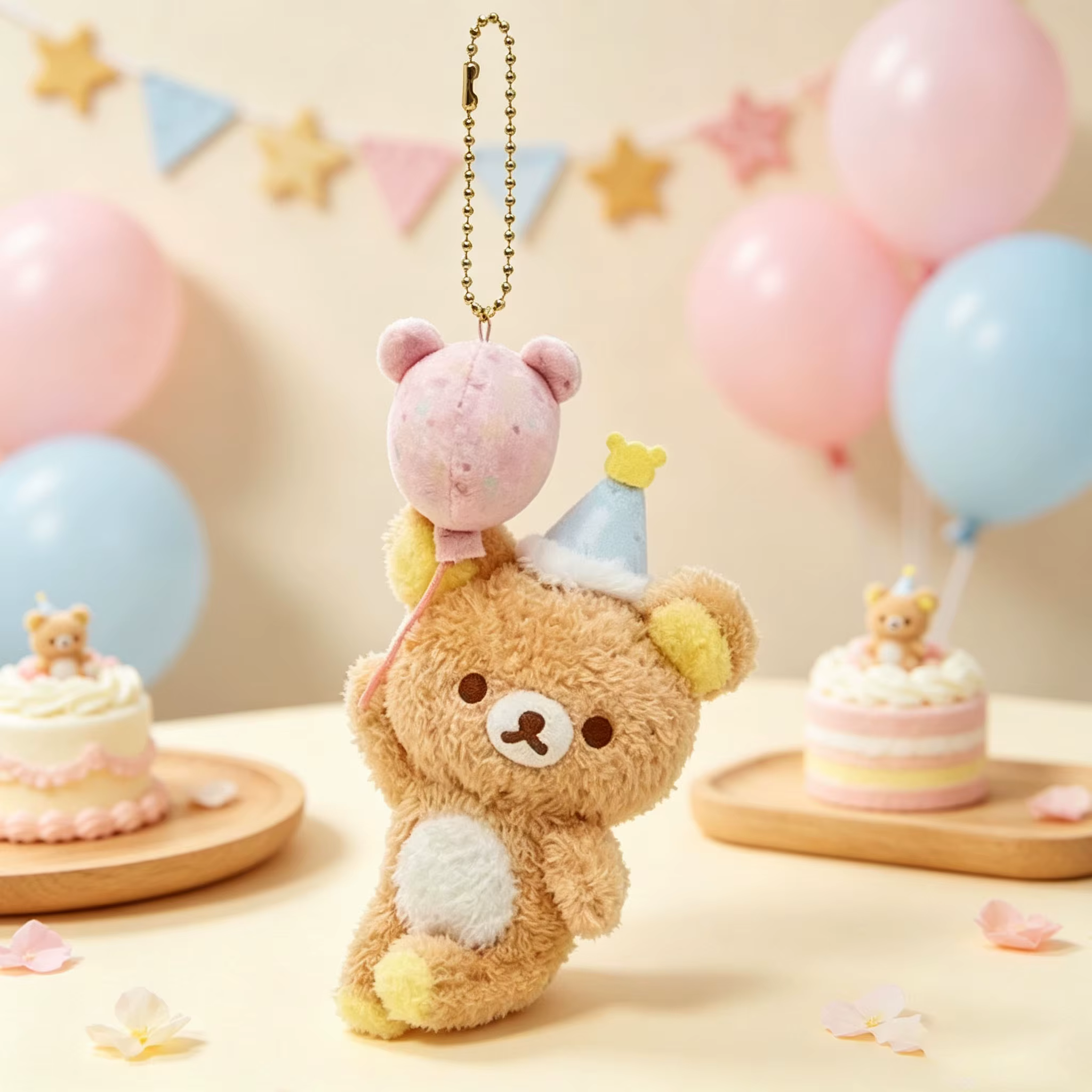 Porte-clés en peluche Rilakkuma avec pendentif chapeau d'anniversaire et ballon, breloque pour sac à dos, ornement de sac, accessoire de mode