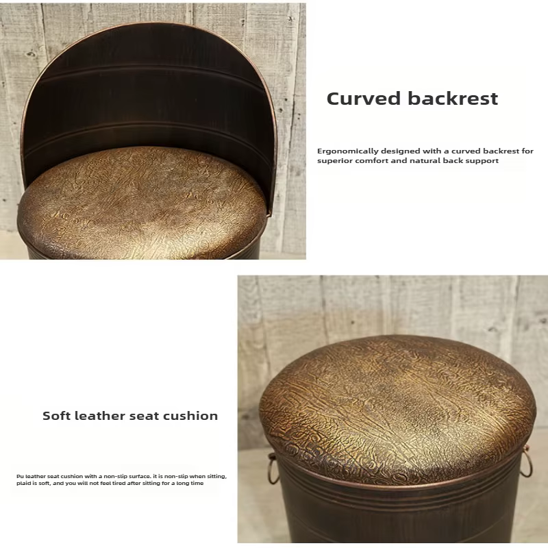 Tabouret de bar industriel rétro avec cadre en métal robuste et siège seau en cuir, meubles de pub de bar de maison de style vintage, assemblage facile