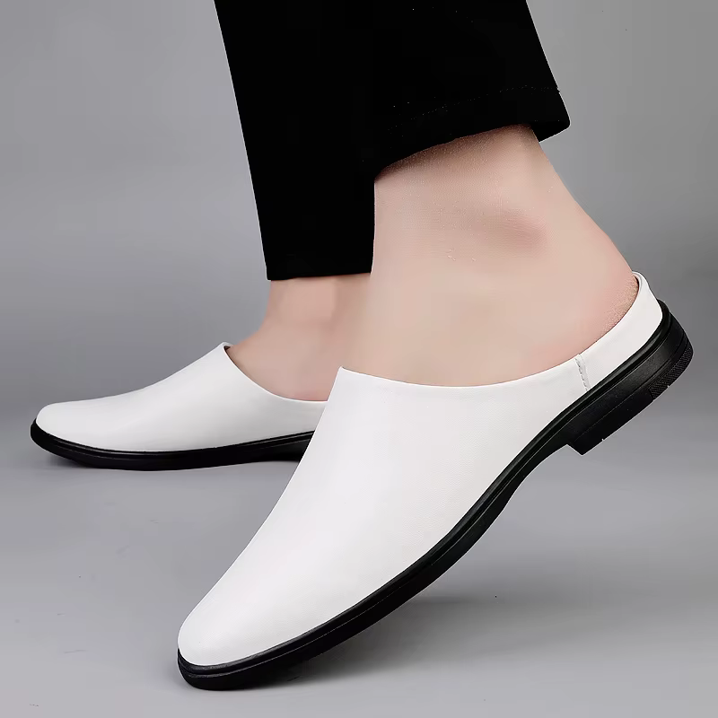 Demi-chaussures en cuir blanc pour hommes, Mules noires, mocassins dos nu, pantoufles semi-traînées, chaussures décontractées, sandales à bout fermé, plates à enfiler