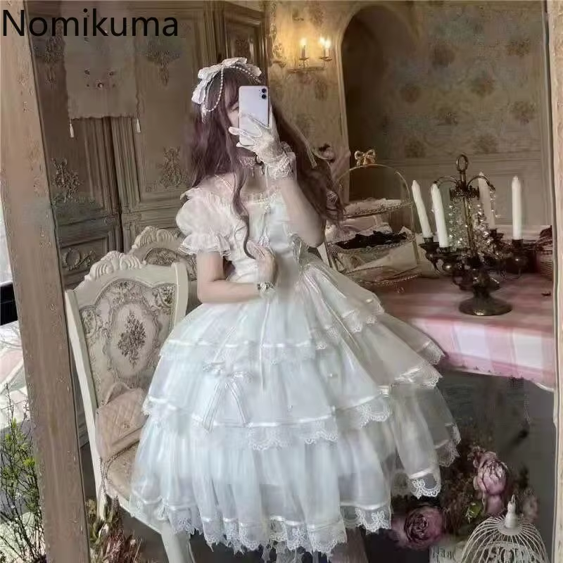Robe blanche mignonne De Style Lolita pour femmes, tunique à manches bouffantes et col Slash, robes d'été douces avec nœud en dentelle, 2025