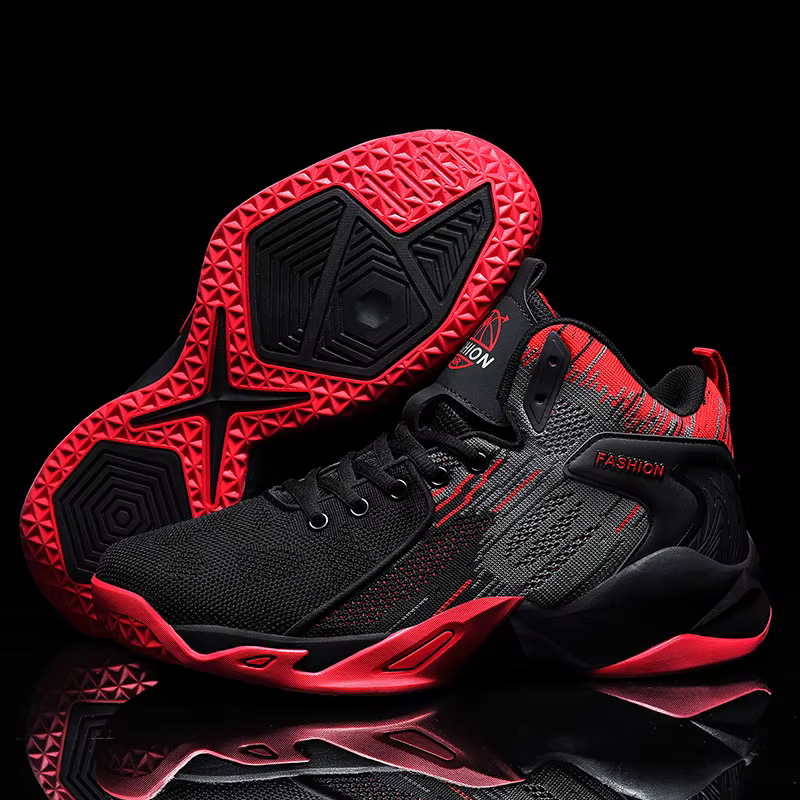 Chaussures de basket-ball montantes noires et blanches pour hommes - Baskets athlétiques en maille respirante