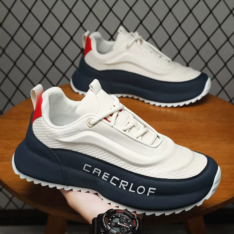 Baskets Chunky Blanches et Bleu Marine pour Hommes avec Accents Rouges