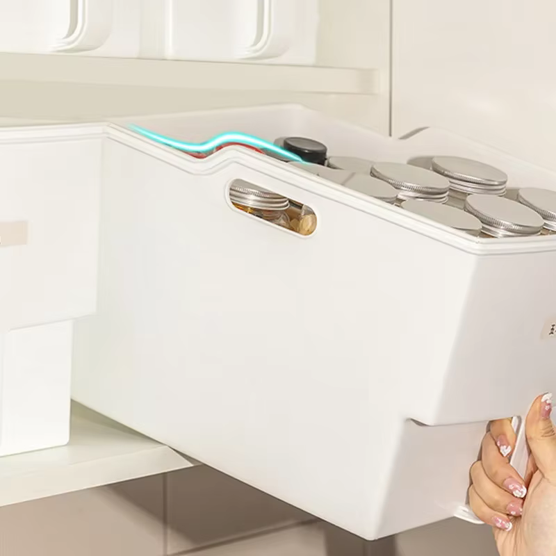 Boîte de rangement pour armoire de cuisine de style japonais avec poignée, boîte organisateur d'épices, panier de rangement pour réfrigérateur, en plastique