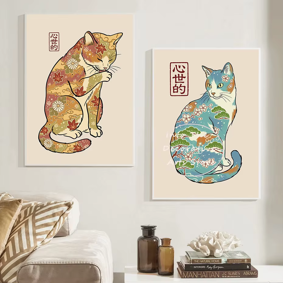 Affiche d'art sur toile de la série rétro des années 80, motif chat samouraï tatoué japonais, pour décoration murale de salon, café, club, chambre et maison