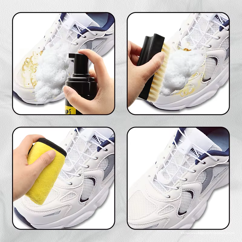 Kit de nettoyage à sec 150 ml pour chaussures blanches – Nettoyant moussant sans eau pour baskets avec brosse et