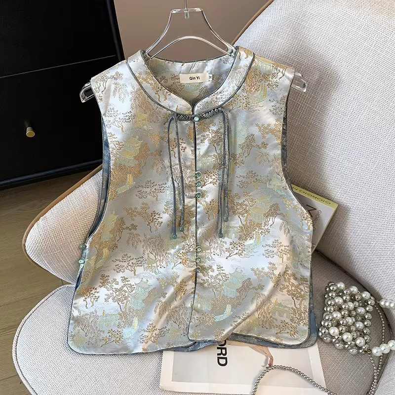 Style chinois hauts femmes Satin broder fleur Hanfu veste nouvelle dame vêtements d'extérieur décontractés Vintage boutonné Cheongsam gilet