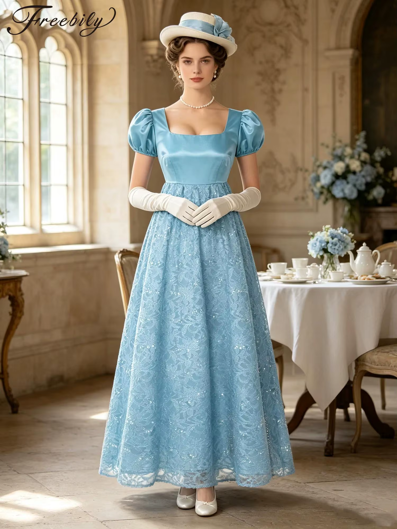 Robe Victorienne Longue Vintage pour Femme, Taille Empire, Col Carré, Dentelle Pailletée, Robe de Soirée Élégante Style Régence