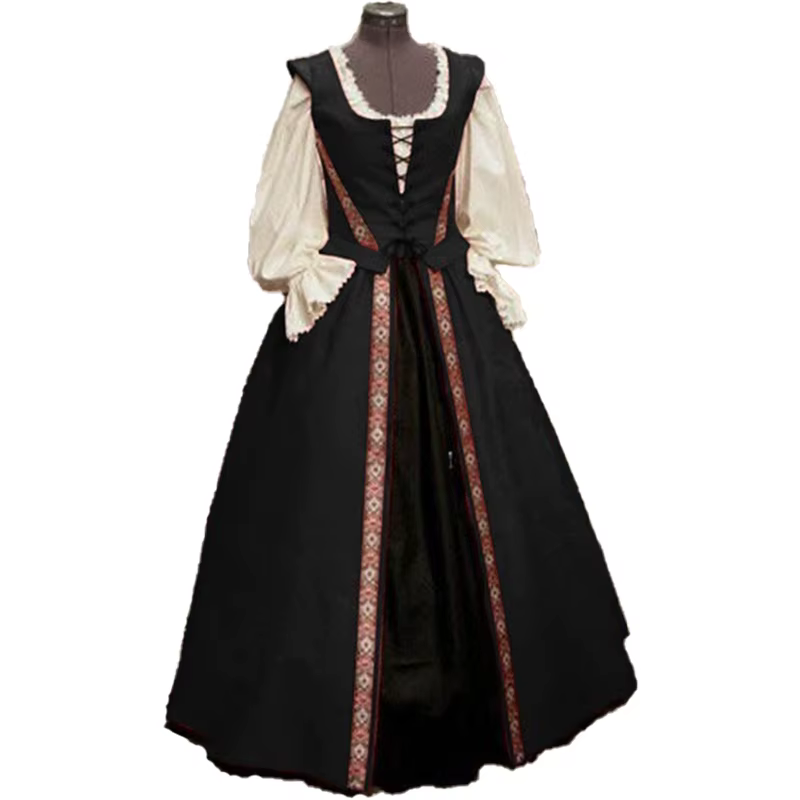Ensemble robe deux pièces pour femme, style Renaissance médiévale, col carré, taille cintrée et jupe ample, robe vintage