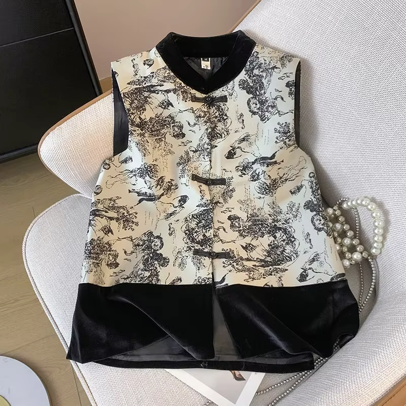Style chinois hauts femmes Satin broder fleur Hanfu veste nouvelle dame vêtements d'extérieur décontractés Vintage boutonné Cheongsam gilet
