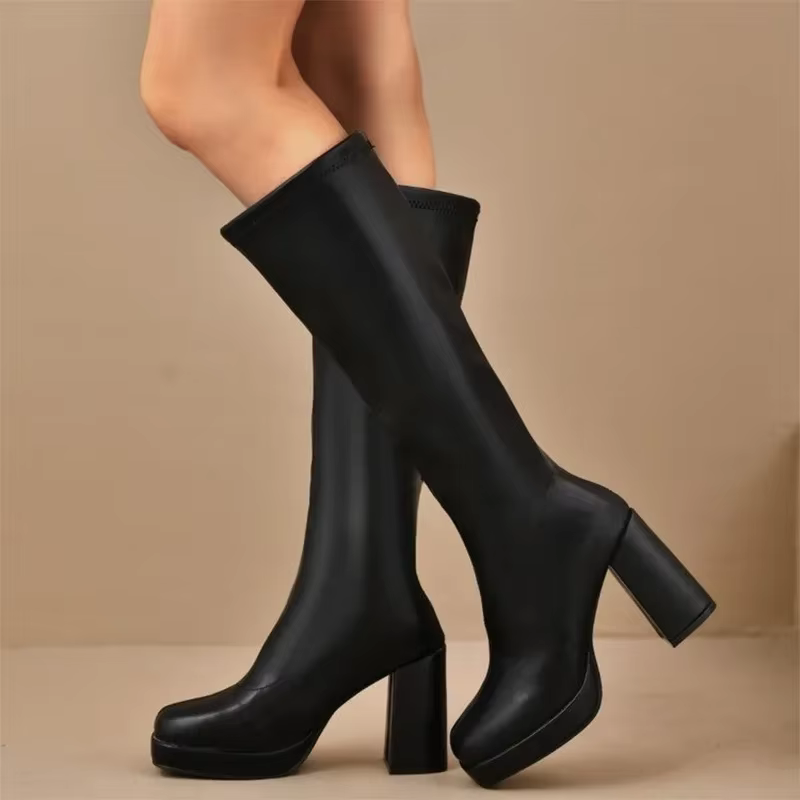Plate-forme épaisse bottes en cuir Pu noir femme 2025 genou haute grande taille 42 talons hauts