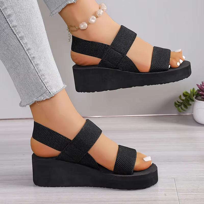 Sandales compensées à bande élastique noire pour femmes été 2025 chaussures de plage légères antidérapantes femme