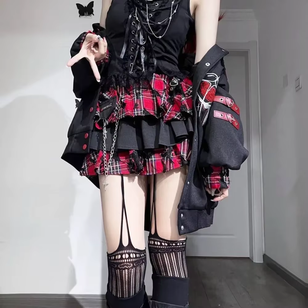 Jupes de Style japonais Kawaii pour fille, sous-culture Kpop Dance Rock Y2k, gothique des années 90, imprimé à carreaux rouges irréguliers, Mini jupe gâteau à volants