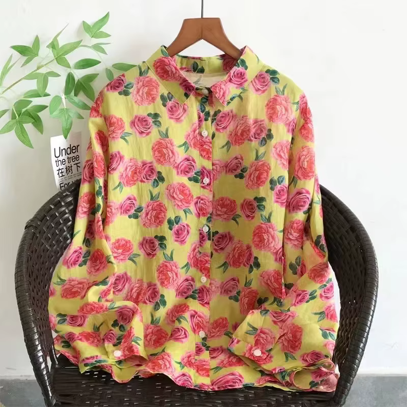 2025 chemise surdimensionnée femme été hauts femme espagne style vintage 100% ramie chemises à fleurs blouses à manches longues hauts