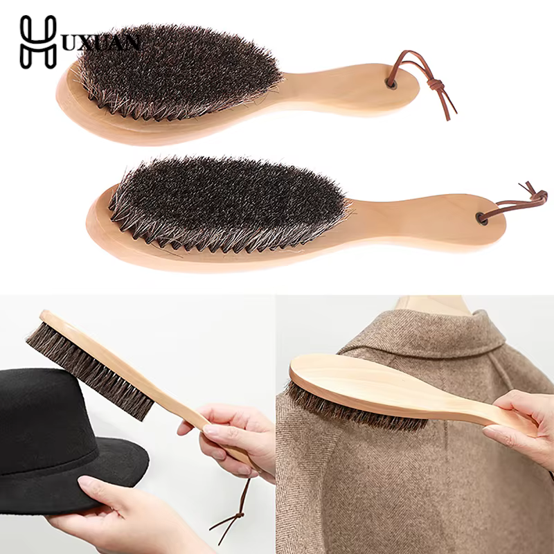 Brosse en crin de cheval, manche en bois, brosse pour vernis à chaussures, brosse de nettoyage du linge en crin de cheval doux, brosse de nettoyage antistatique