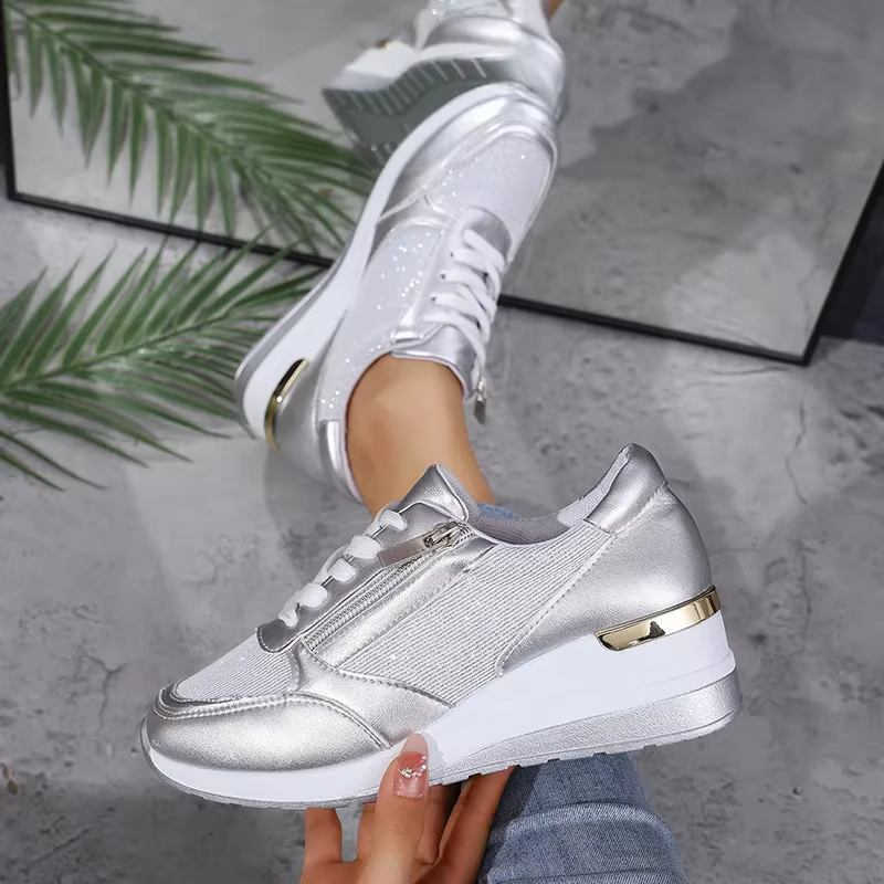 Mode fond épais argent baskets femmes 2025 printemps talon compensé chaussures vulcanisées femme confortable à lacets Sport Sneaker Mujer