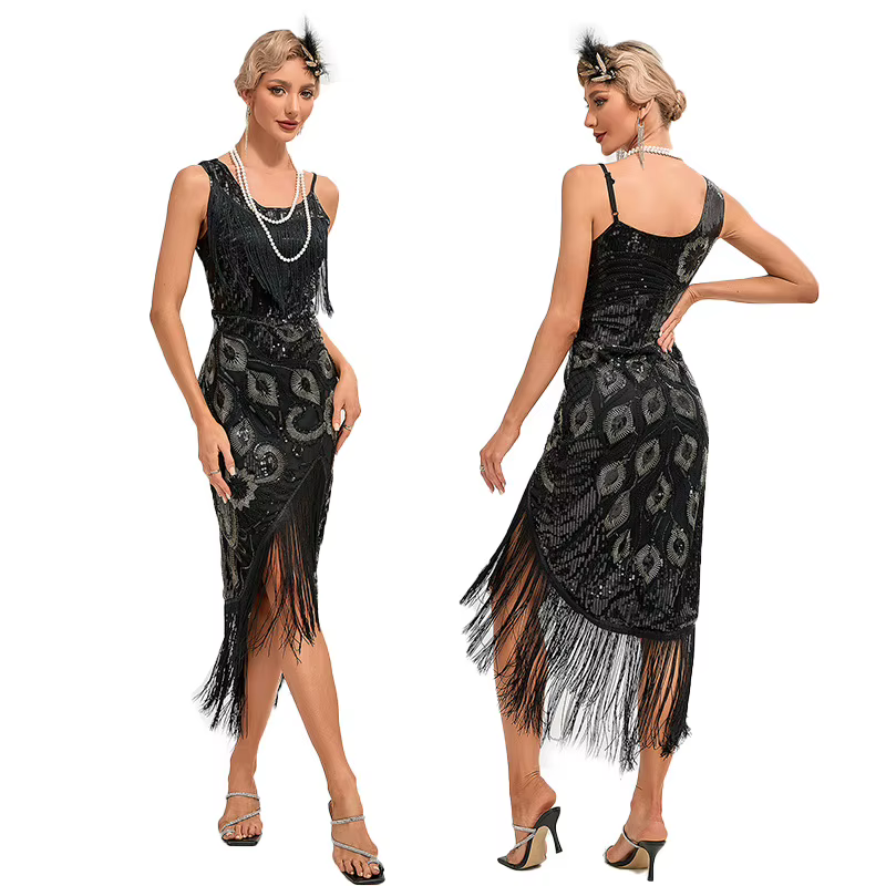 Robe de cocktail style Gatsby des années 1920 avec franges et paillettes, tenue de bal Charleston rétro à pompons motif paon, vêtements des années vingt.