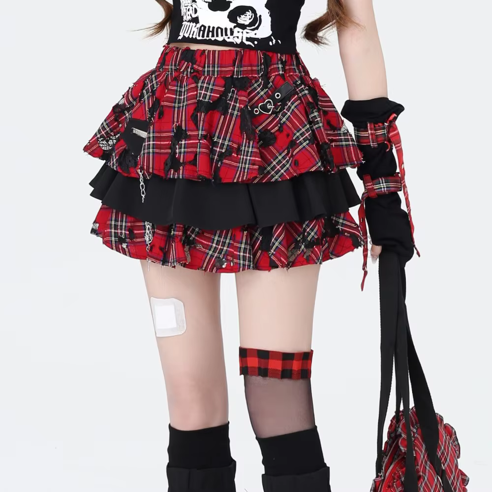 Jupes de Style japonais Kawaii pour fille, sous-culture Kpop Dance Rock Y2k, gothique des années 90, imprimé à carreaux rouges irréguliers, Mini jupe gâteau à volants