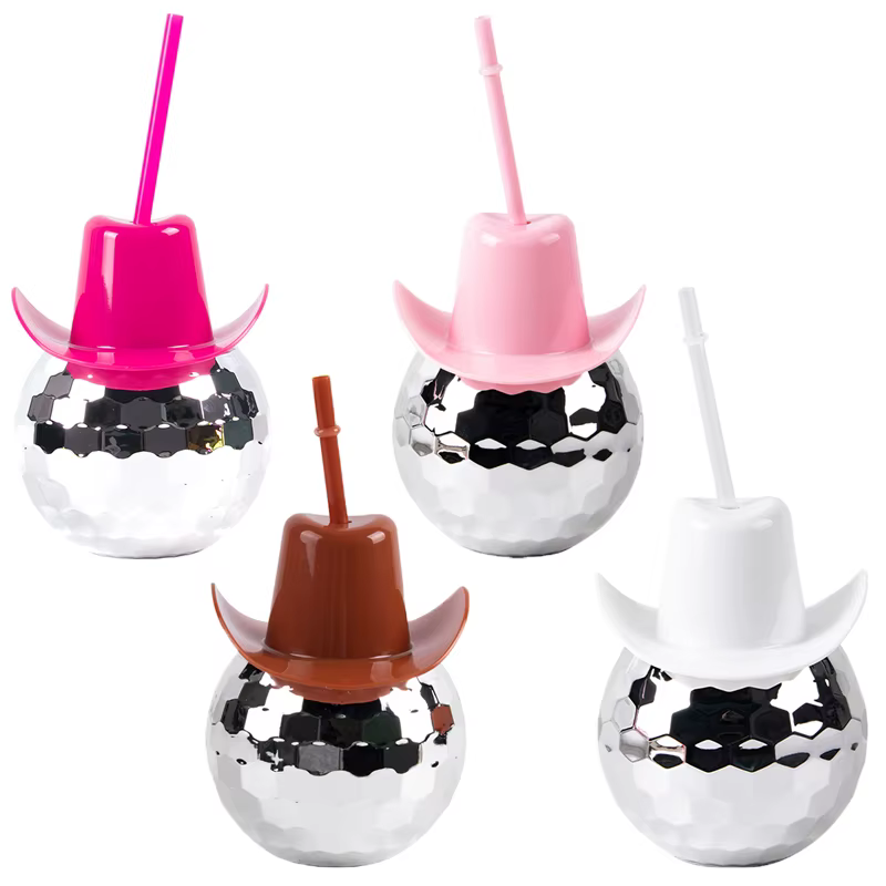 Nouvelles tasses de boule Disco avec couvercles et pailles de chapeau de Cowboy, décorations de fête d'enterrement de vie de jeune fille, fournitures de fête Disco de danse de Bar rétro des années 70