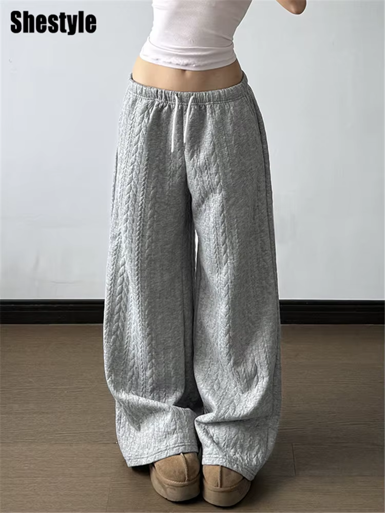 Shestyle gris pantalons de survêtement automne pour les femmes Streetwear cordon Texture Staight décontracté ample minimaliste pantalon à jambes larges 2025