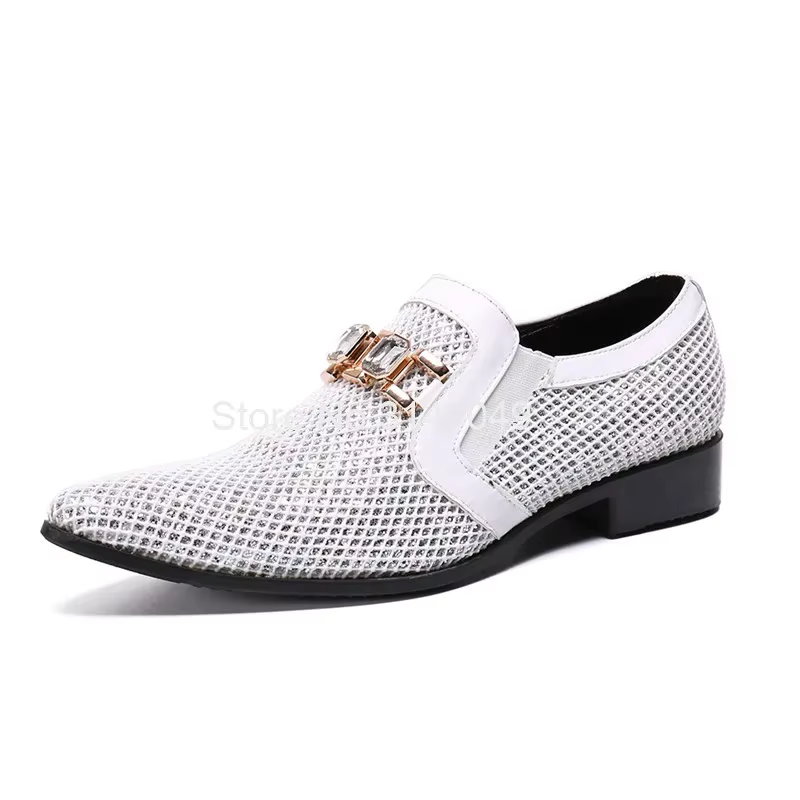 Chaussures de mariage pour hommes à bout pointu blanches avec anneaux en cristal