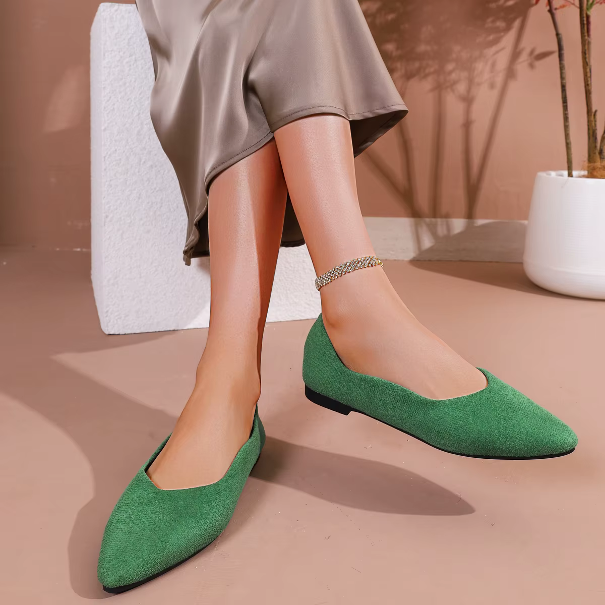 Chaussures plates pour femmes en daim vert printemps-automne