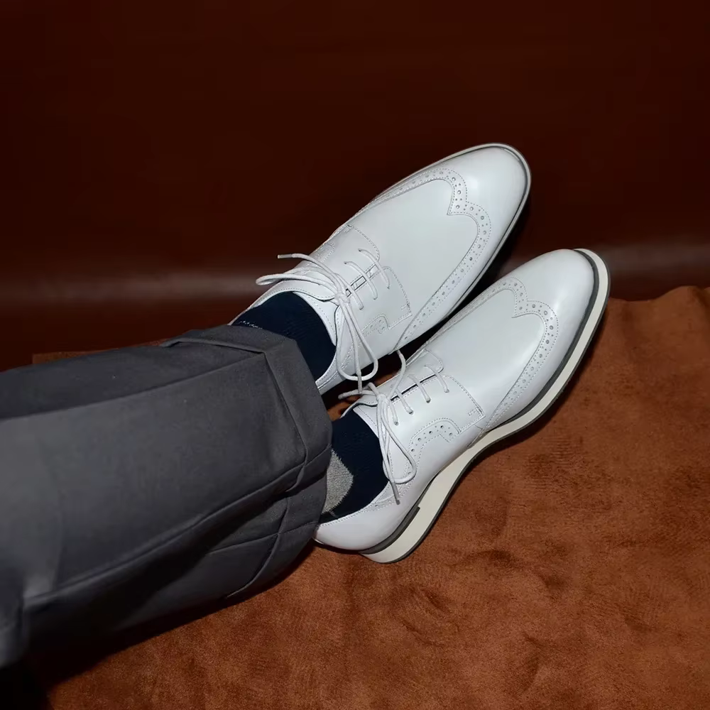 XEBOS hommes blanc été baskets en cuir véritable respirant à lacets aile pointe Derby chaussures décontracté en plein