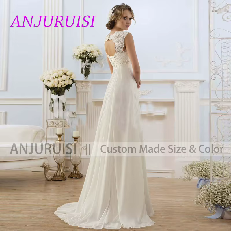 Robe de mariée en mousseline taille empire pour femme, avec appliques en dentelle, modèle 2026, coupe trapèze, dos lacé