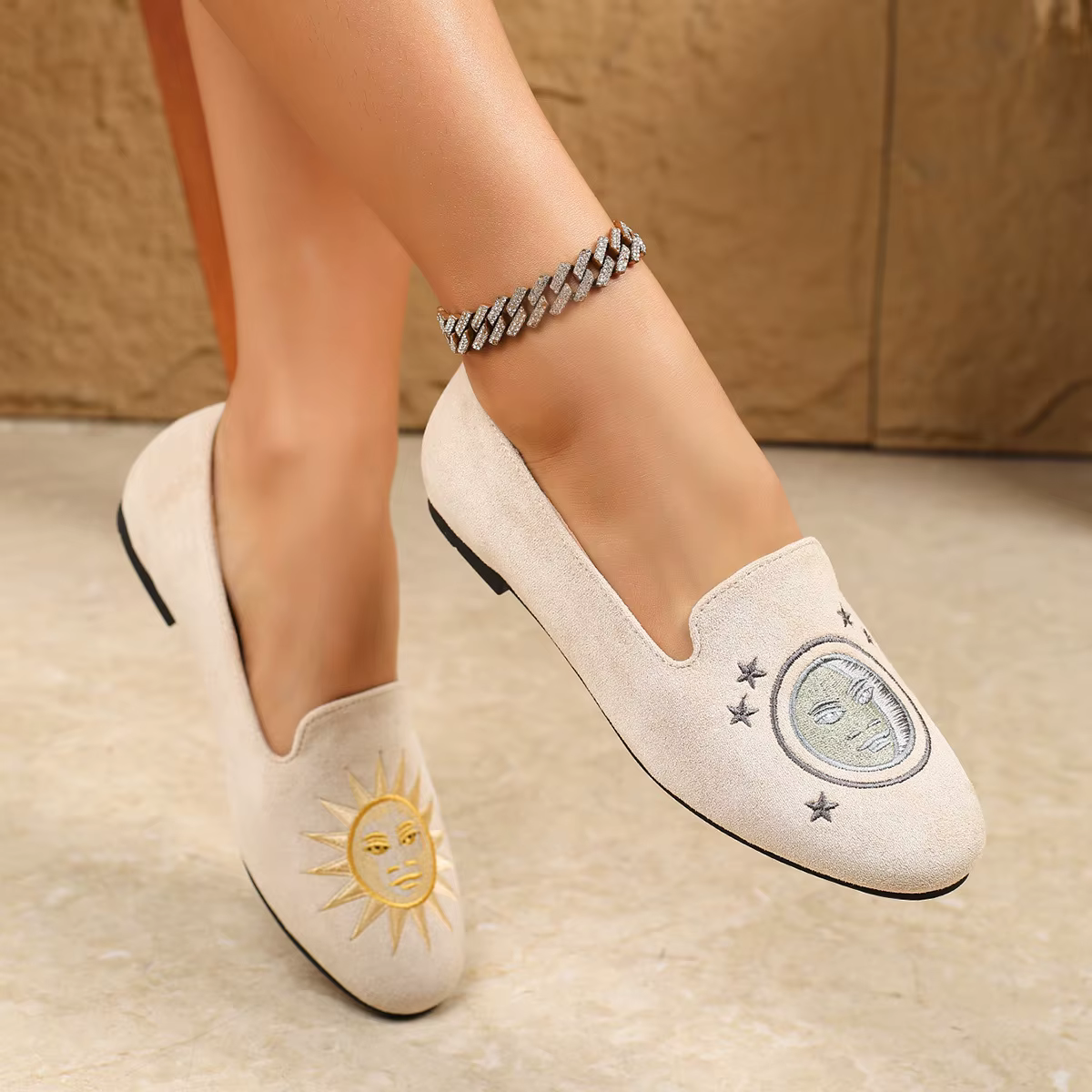 Chaussures plates brodées style londonien en cuir véritable à enfiler