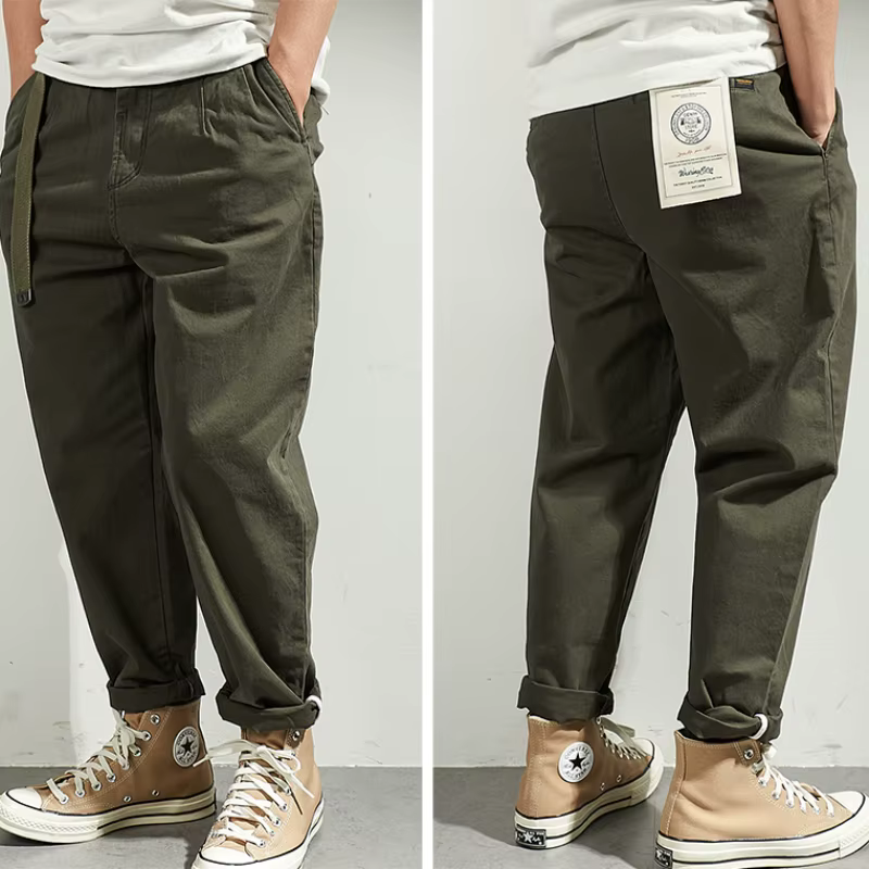 Pantalons décontractés japonais avec pieds amples rétro, vêtements à la mode pour hommes lavés avec un vieux pa conique à neuf points tissé élastique kaki