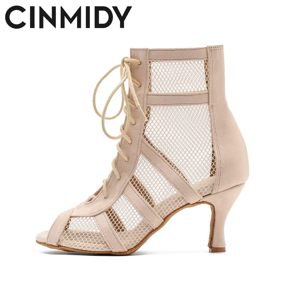 Chaussures de danse latine montantes rouges pour femmes, bottes de danse Jazz à pôle de salle de bal, semelles souples pour dames, Tango/Salsa, talons hauts en maille