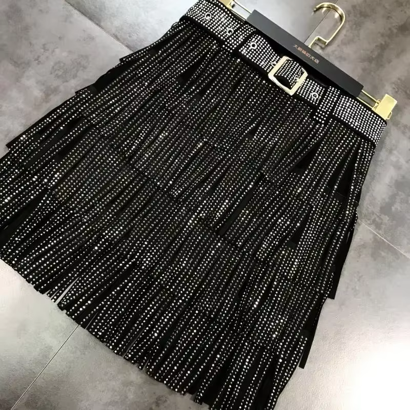 Femmes jupe mode 2025 nouveau automne taille haute ceinture multicouche courte lourde forage strass jupe à franges avec gâteau une ligne