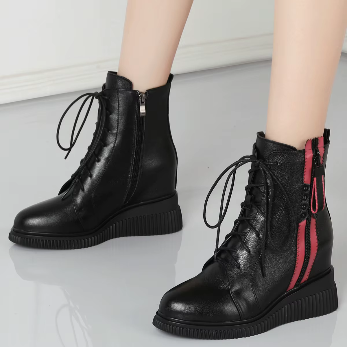 Baskets montantes épaisses en cuir véritable pour femme