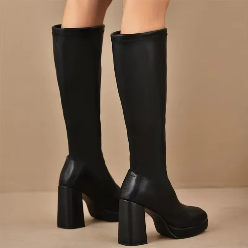 Plate-forme épaisse bottes en cuir Pu noir femme 2025 genou haute grande taille 42 talons hauts