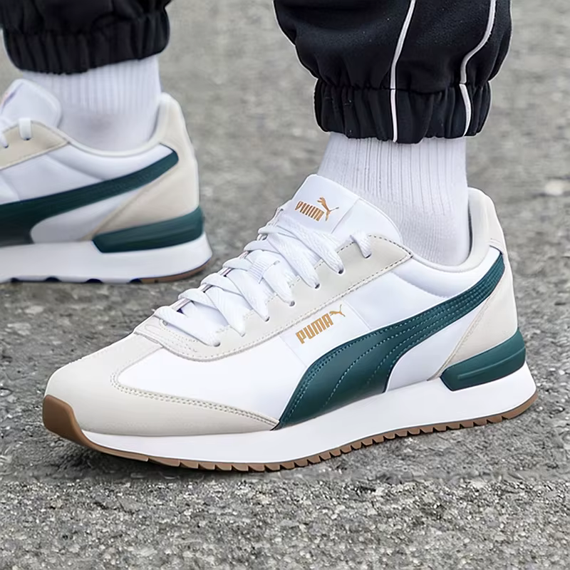 PUMA Baskets décontractées rétro légères antidérapantes en daim blanc et vert foncé avec surpiqûres 399250-04