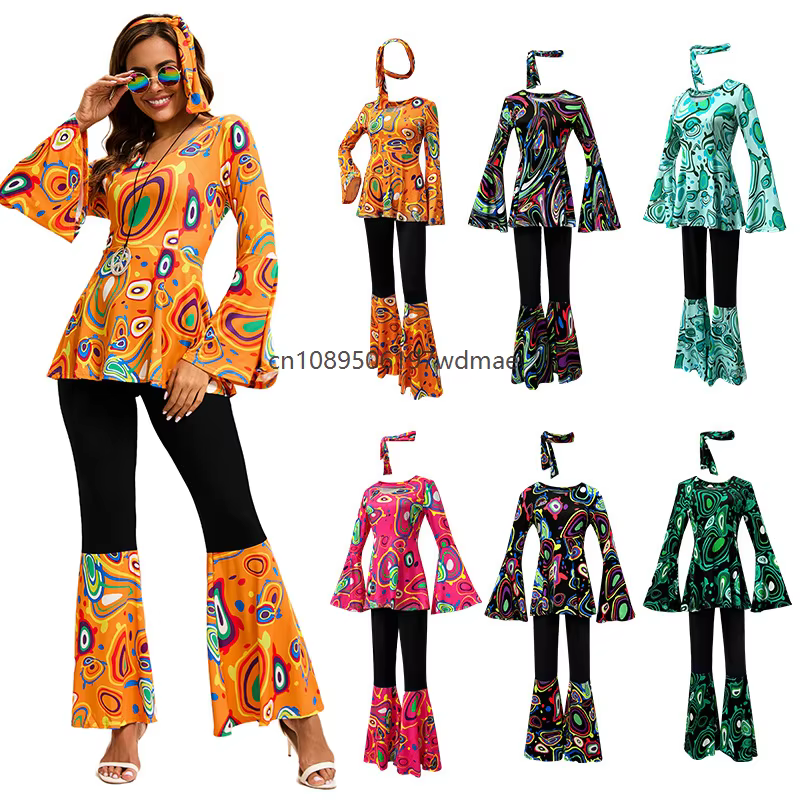 Costume de disco multi-couleurs pour femmes, vêtements de performance hippie, ensemble avec bandeau, robe rétro pour fête dansante
