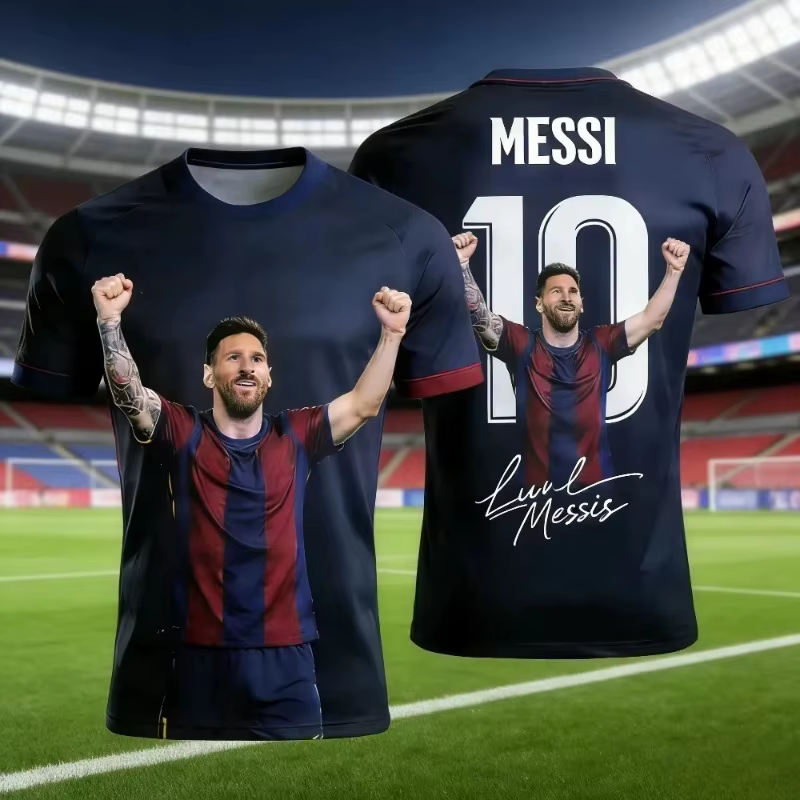 Inter Miami Hip Hop Streetwear Messi No.10 Maillot de football noir or brillant Impression 3D sur toute la surface Respirant Unisexe T-shirt de sport