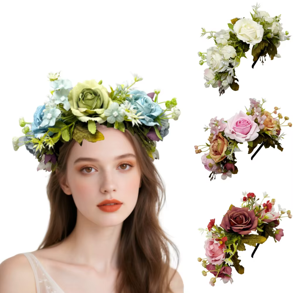 Accessoires pour cheveux hawaïens, couvre-chef de mariage léger, bandeau de fleurs de roses artificielles, couronne de fleurs de roses délicates pour mariage