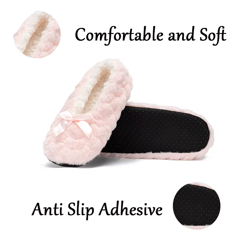 1 Paire de Chaussettes d'Hiver Chaudes pour Femmes, Chaussettes d'Intérieur en Peluche Douces et Moelleuses, Couleur Unie, avec Nœud, Antidérapantes, Chaussons pour Femmes