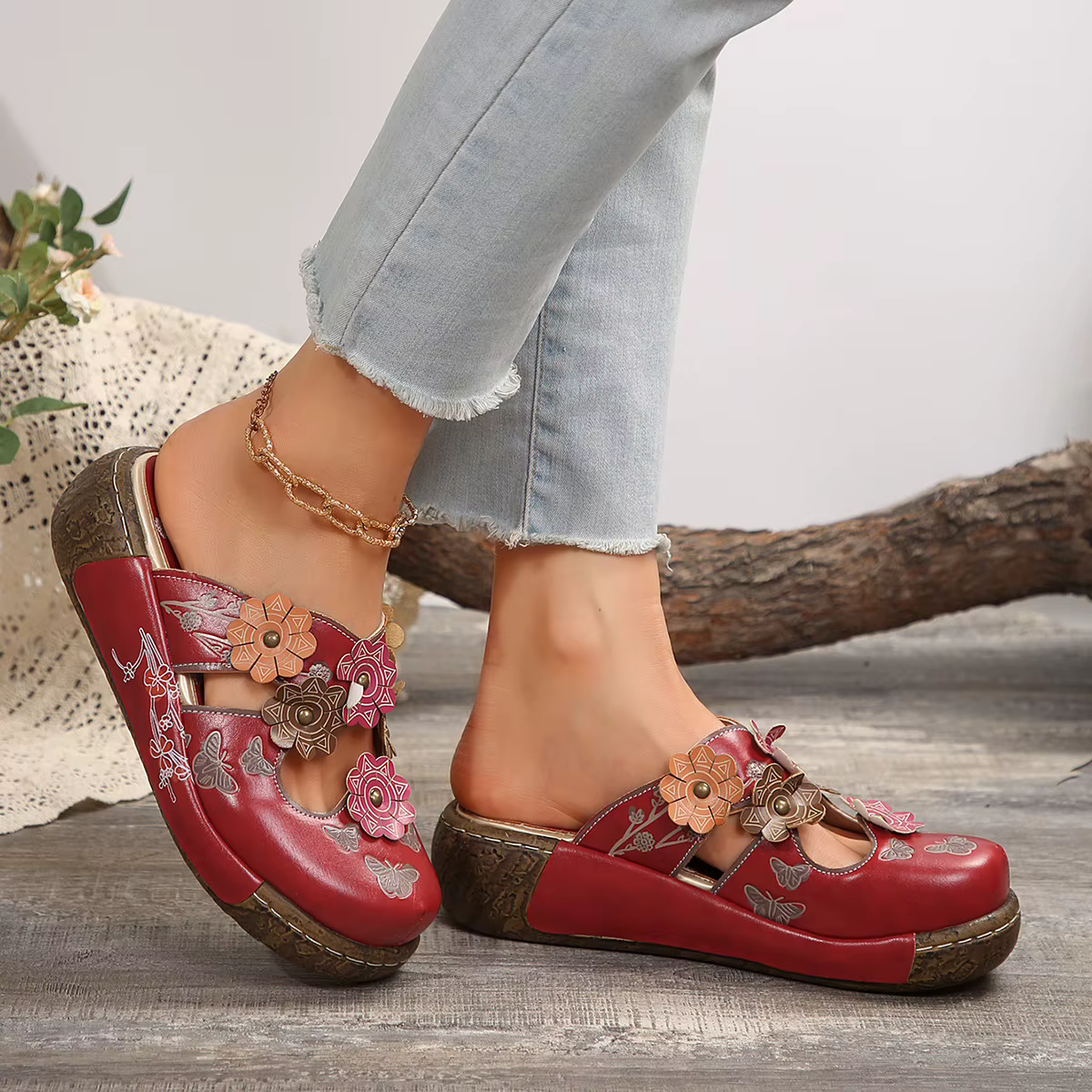 Sandales d'été ethniques à fleurs pour femmes