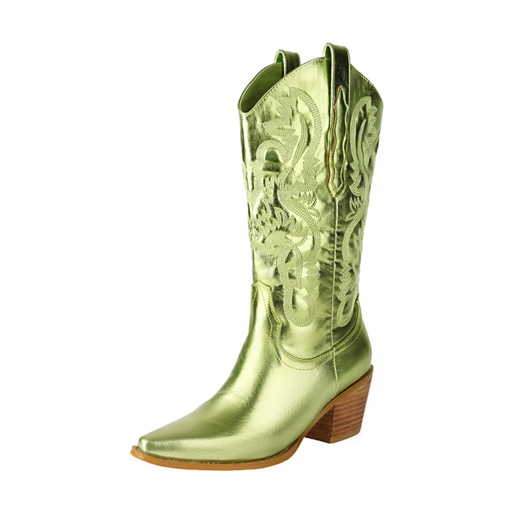 Femmes pointues automne et hiver mode talon carré Tube moyen Western Cowboy chevalier robe fête vêtements de travail bottes de marche 382